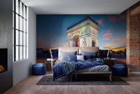 Dark blue parisian evening sky wallpaper in a minimalist bedroom setting.