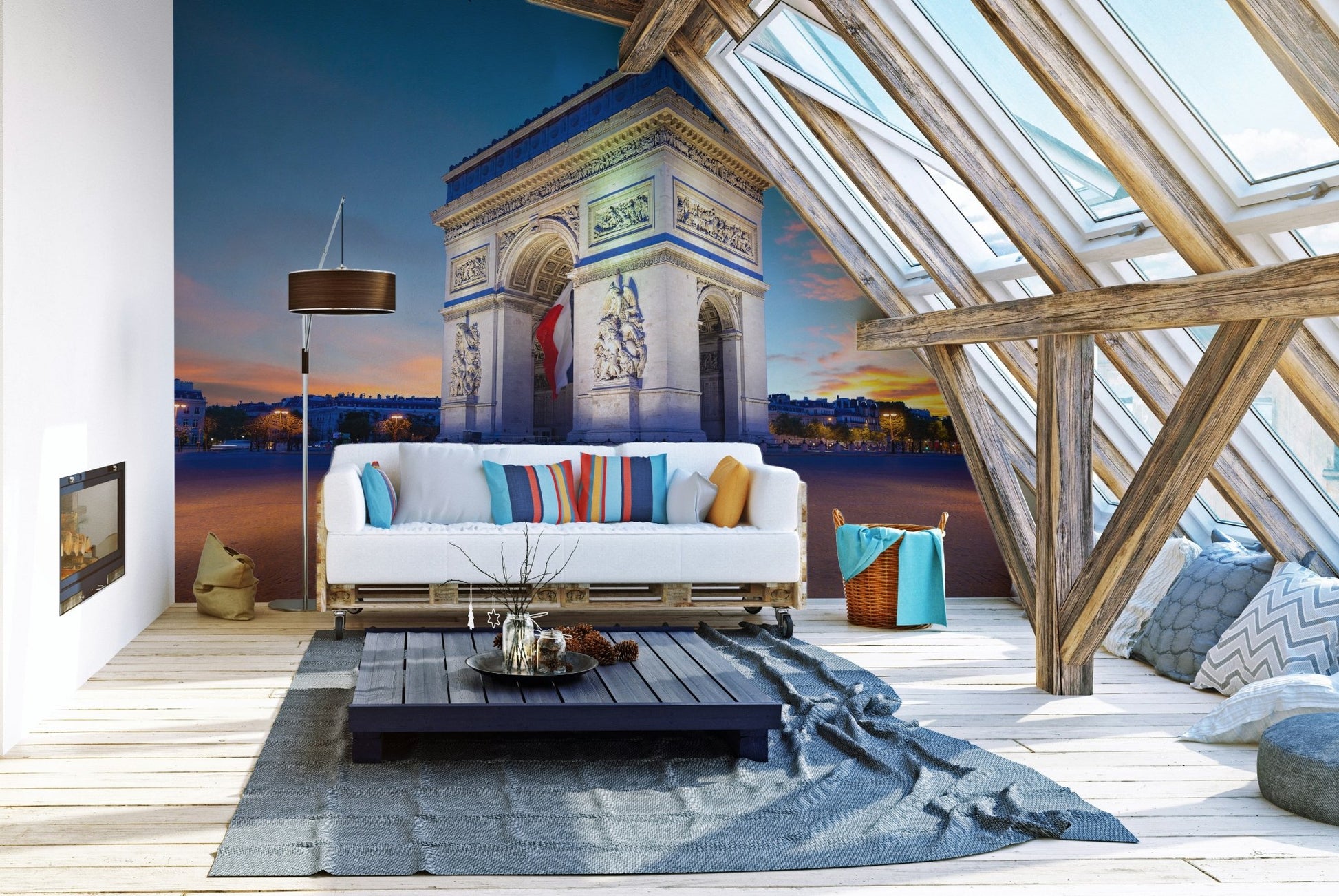 Parisian Nocturne Arc de Triomphe Nighttime Mural behind a sofa.