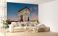 Parisian cityscape wall mural with evening colors for a living area wall.
