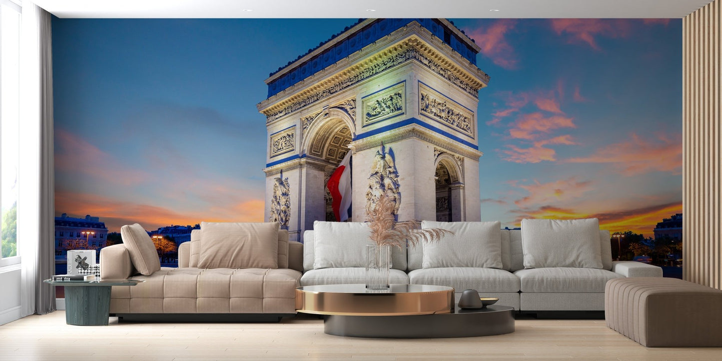 Parisian Nocturne Arc de Triomphe Nighttime Mural in a living room.