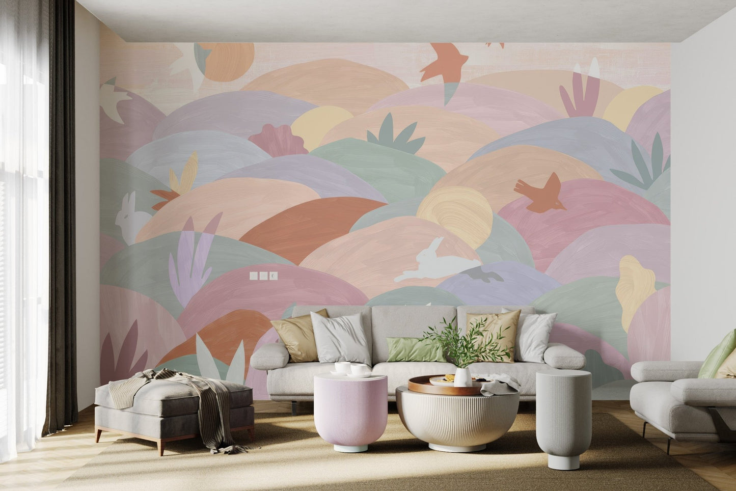Minimalist wall mural featuring birds and rabbits on rolling pastel hills.