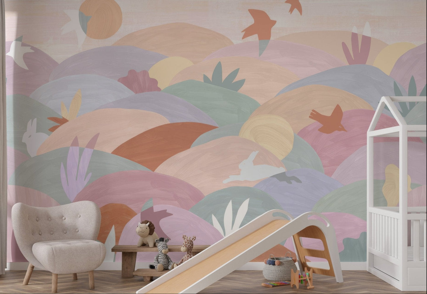 Pastel abstract wall mural with rolling hills, birds and rabbits for nursery.