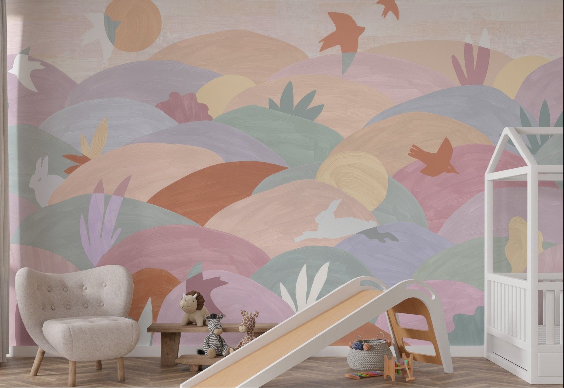 Pastel abstract wall mural with rolling hills, birds and rabbits for nursery.