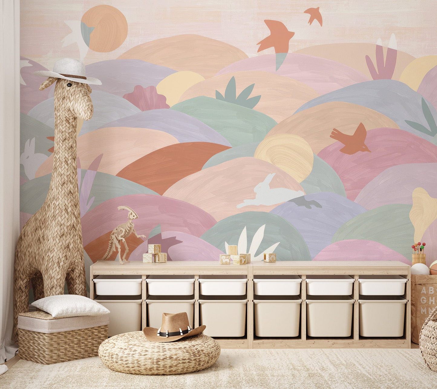 Modern nursery wall mural with rabbits and flying birds in soft pink.