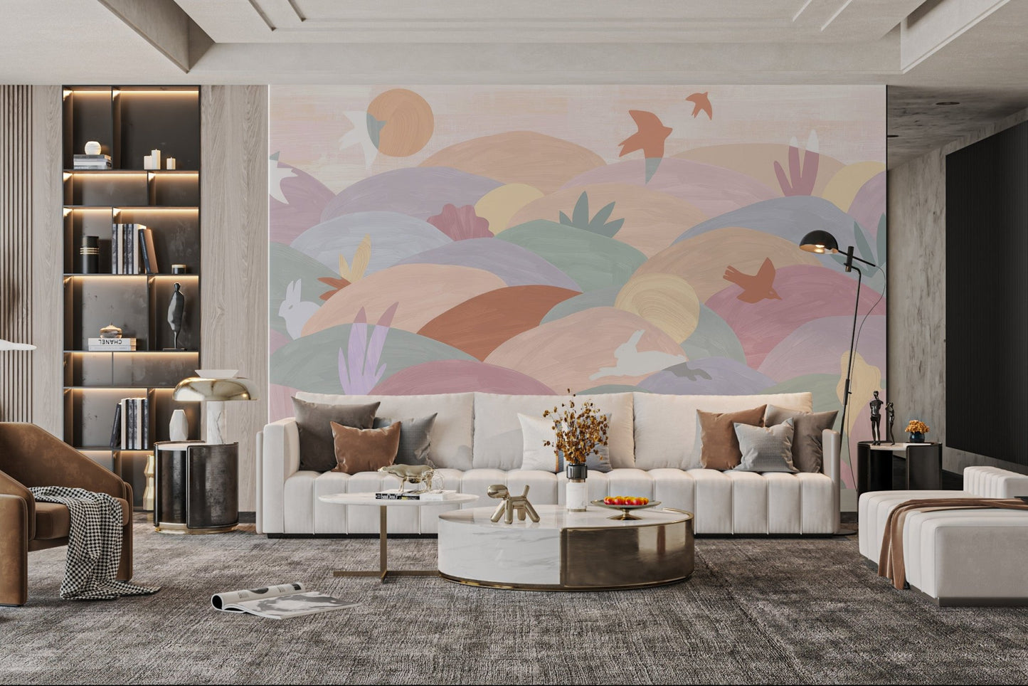 Colorful pastel abstract hills wall mural for cozy living room spaces.