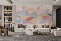 Colorful pastel abstract hills wall mural for cozy living room spaces.