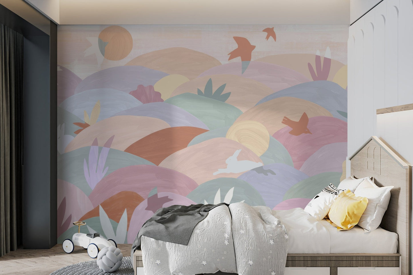 Soft-colored hills and plants mural with  flying birds for children's bedroom.