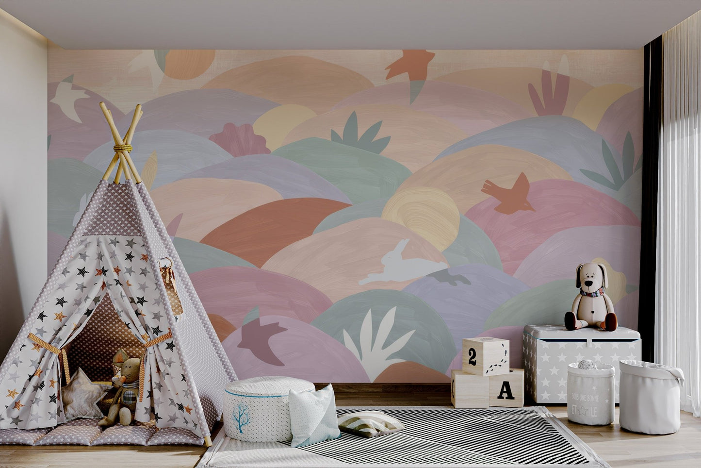 Minimalist animal and hill wall mural in pastel tones for playrooms.