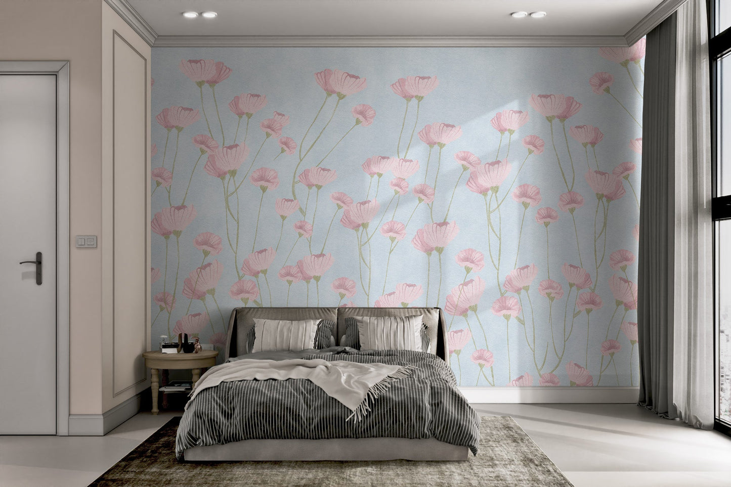 Pink watercolor flowers on light blue background mural for modern bedroom.