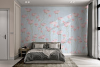 Pink watercolor flowers on light blue background mural for modern bedroom.