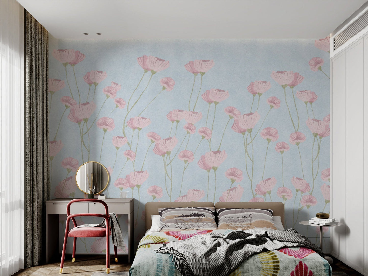 Hand-painted effect pink flower mural for a minimalist bedroom wall.