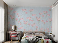 Hand-painted effect pink flower mural for a minimalist bedroom wall.
