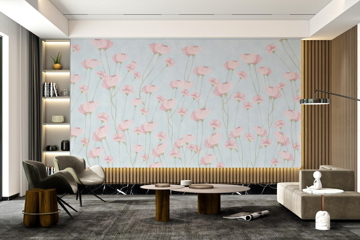 Vertical stem pink flower wall mural for seating room interior decoration.