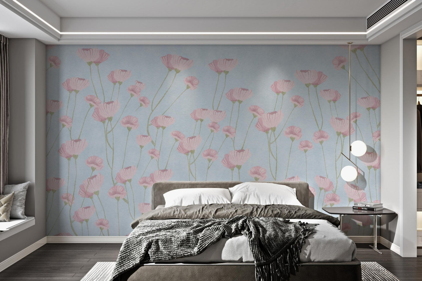 Modern botanical wall mural with pink watercolor petals and blue backdrop.