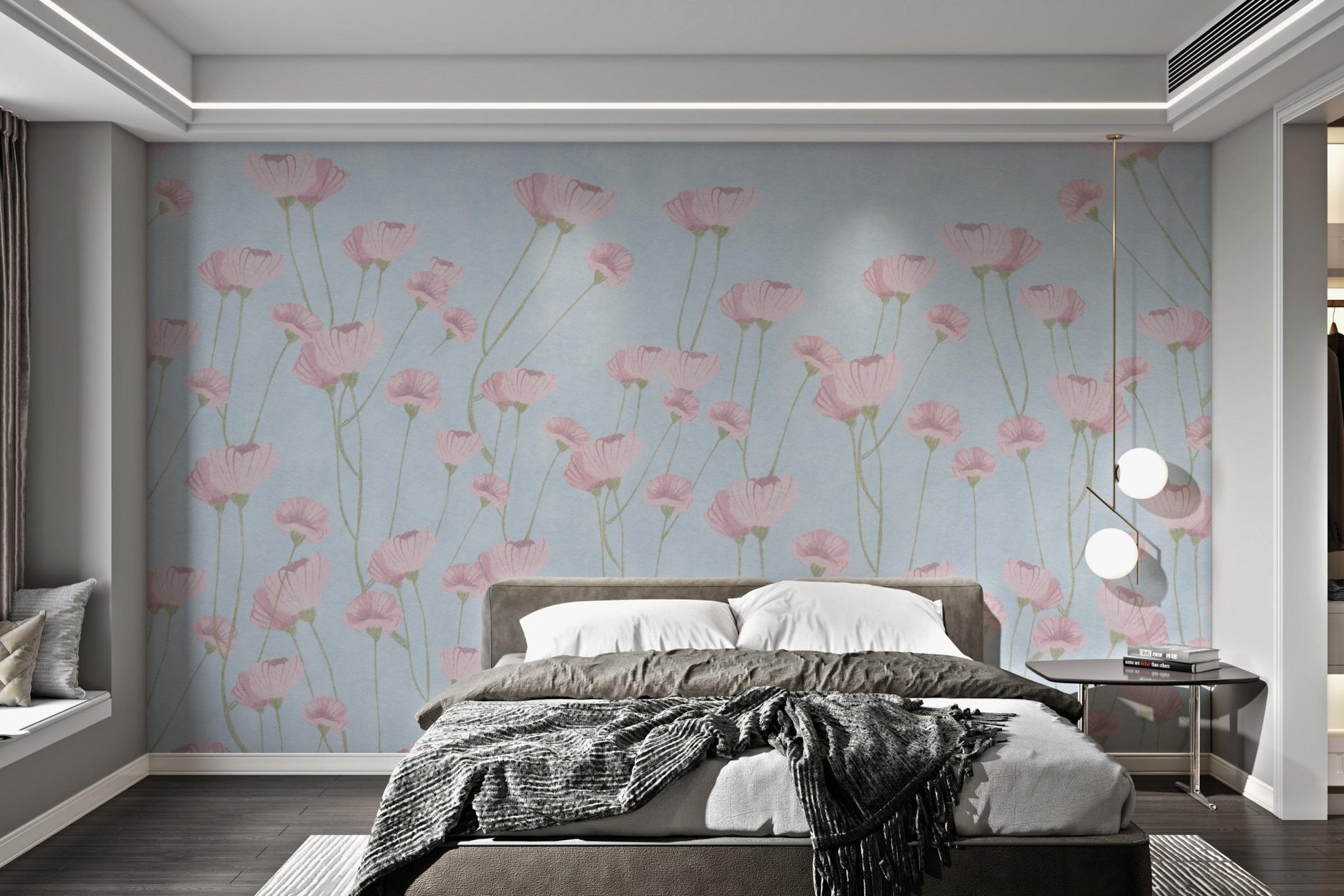 Modern botanical wall mural with pink watercolor petals and blue backdrop.