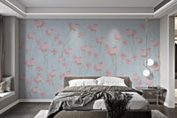 Modern botanical wall mural with pink watercolor petals and blue backdrop.