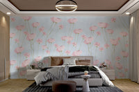 Minimalist pink and blue floral wall mural for modern bedroom backdrop.