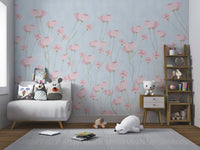 Flower wall mural featuring pastel pink blooms and thin green stems on blue.
