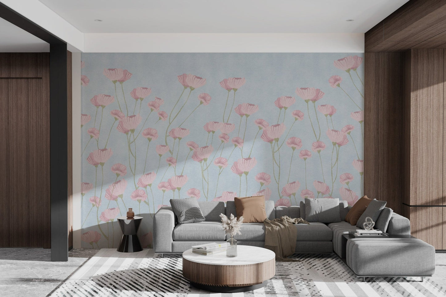 Light blue wall mural with scattered pink watercolor wildflower patterns.