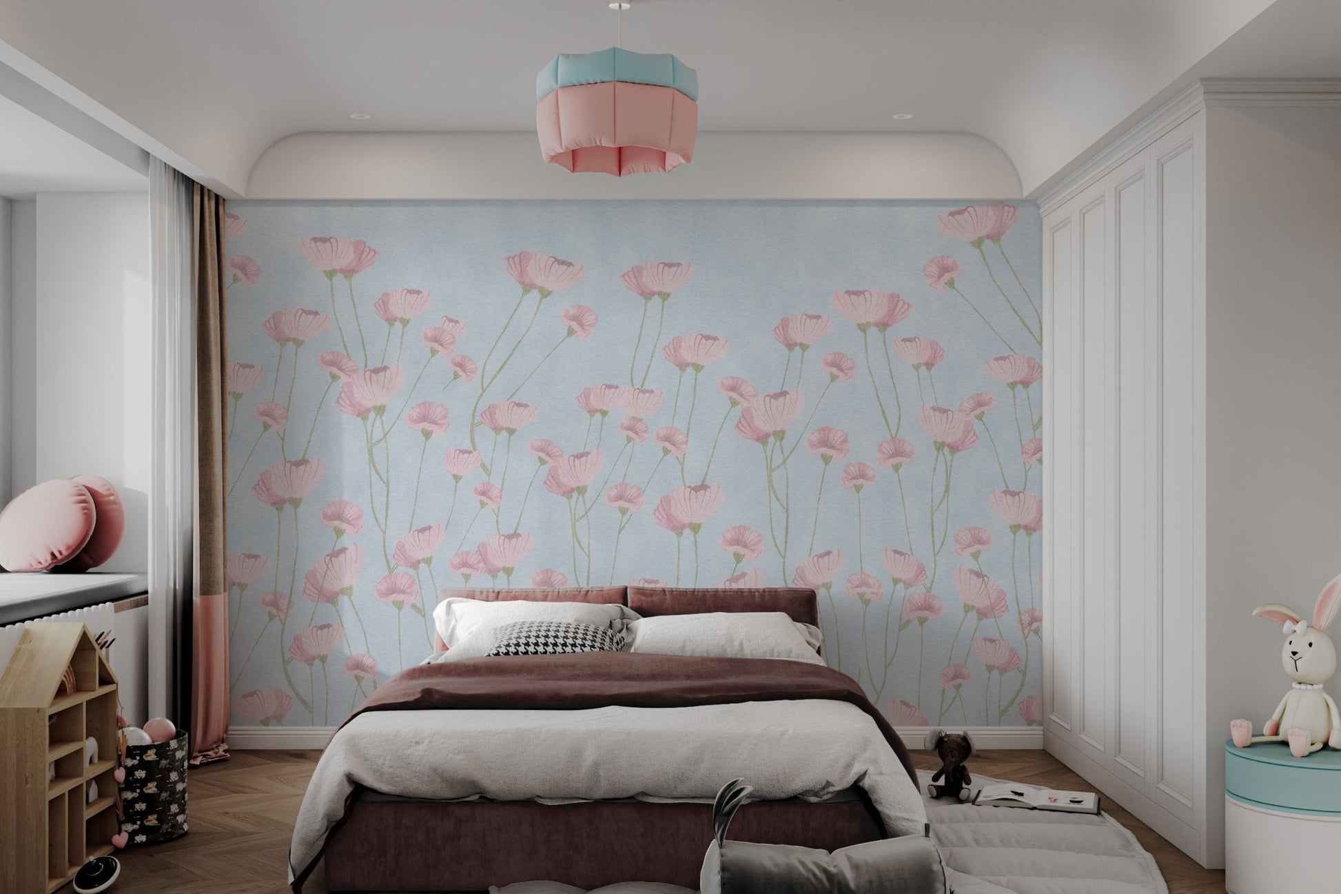 Watercolor style pink flower wall mural for bright kids bedroom.