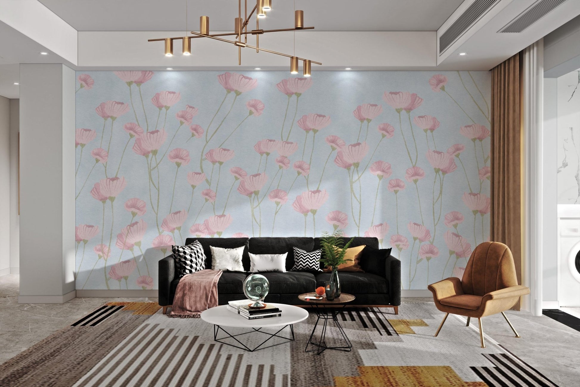 Pastel Blue Watercolor Flower mural for a soft feature living room design.