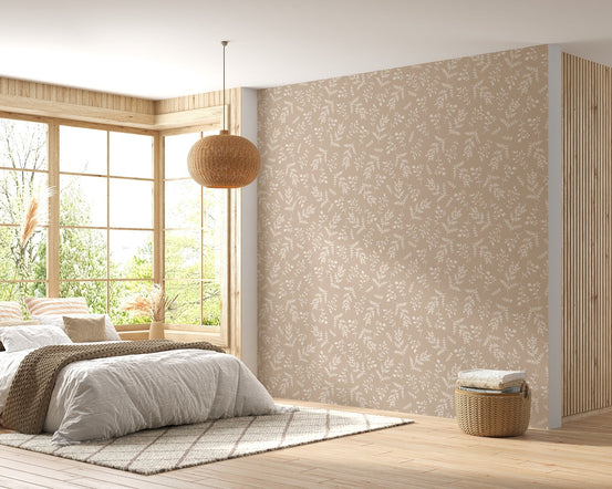 Foliage wallpaper in a modern bedroom with a large window and bed.
