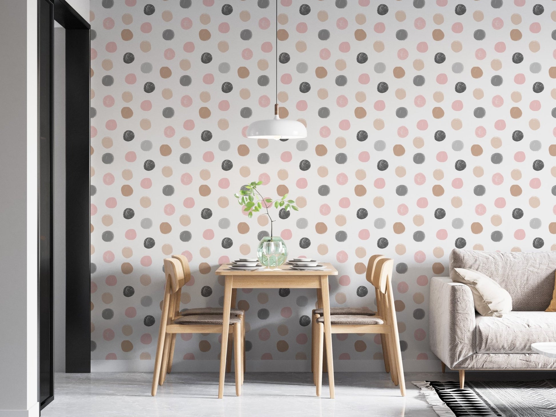 Textured circle pattern wallpaper in a bright dining area with plant.