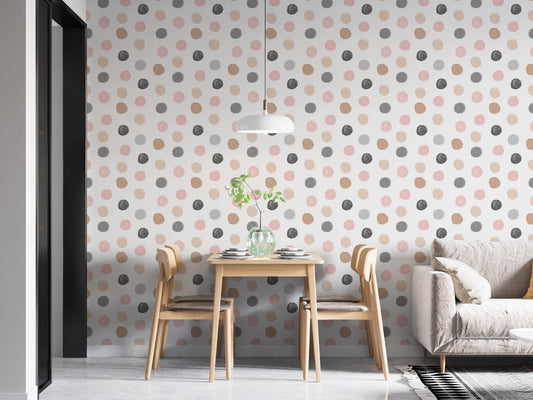 Textured circle pattern wallpaper in a bright dining area with plant.