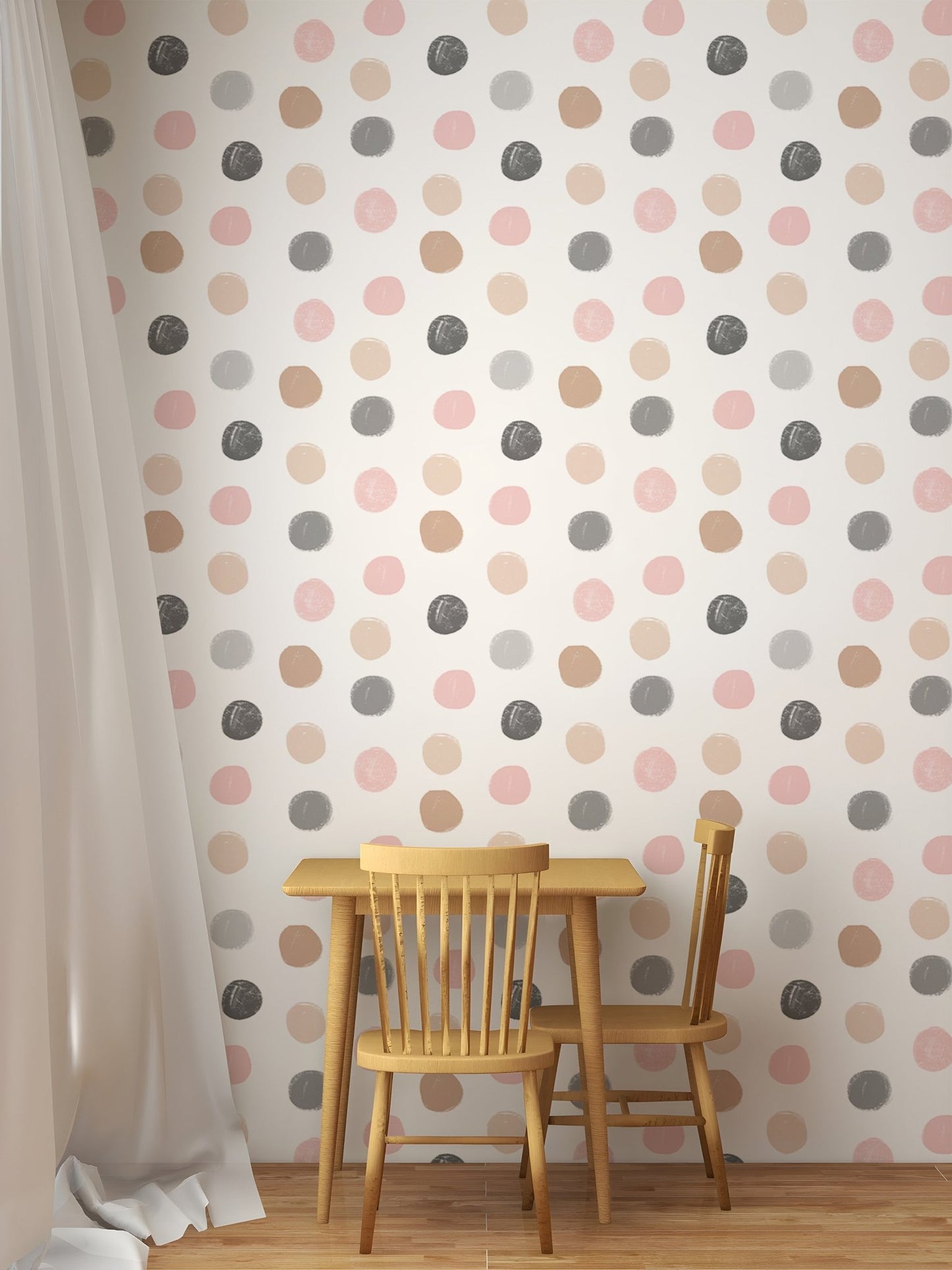 Pastel Colorful Pattern Polka Dots Kids Wallpaper behind a wooden desk and chair in dining area.