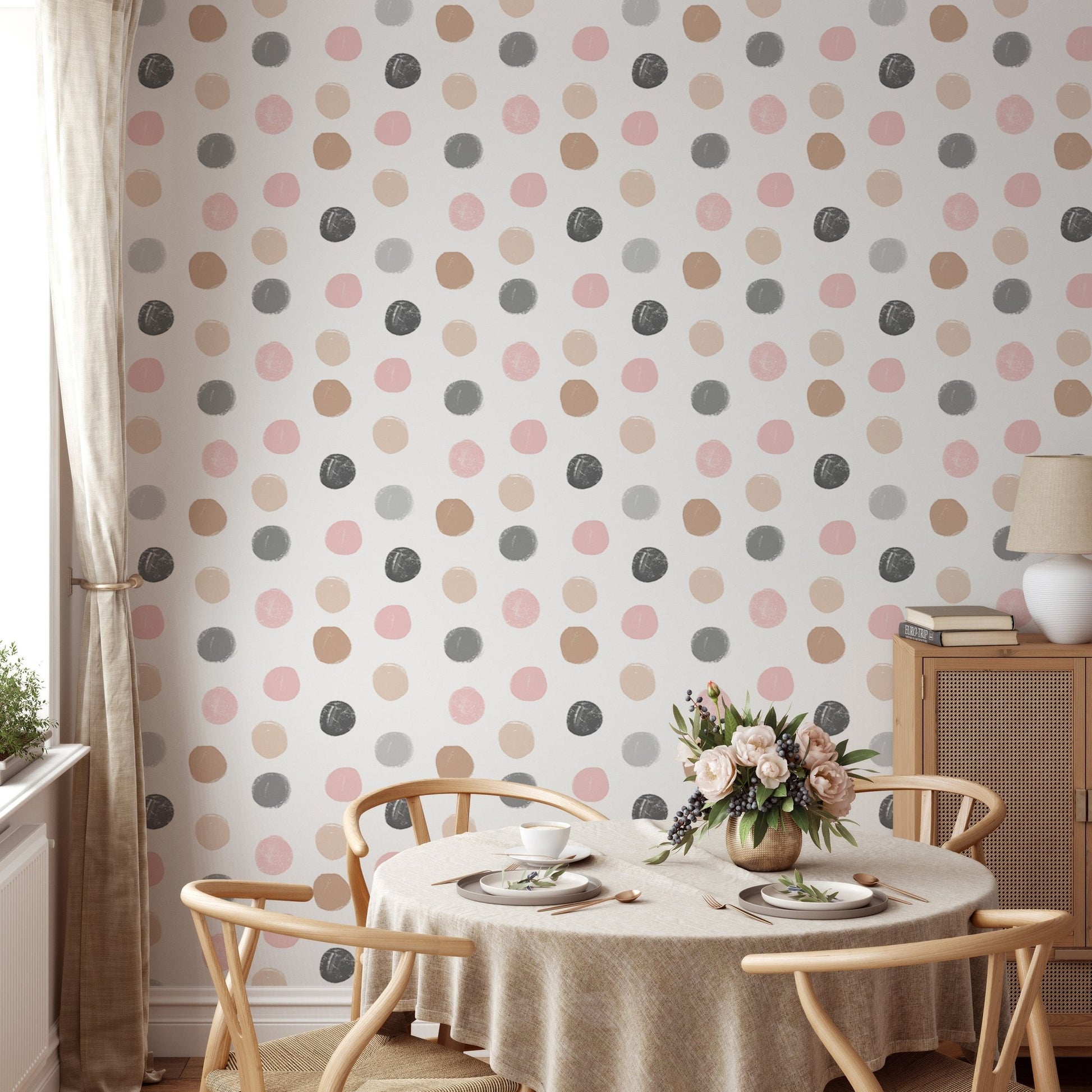 Pastel Colorful Pattern Polka Dots Kids Wallpaper in a dining room with a round table