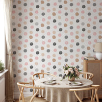 Pastel Colorful Pattern Polka Dots Kids Wallpaper in a dining room with a round table