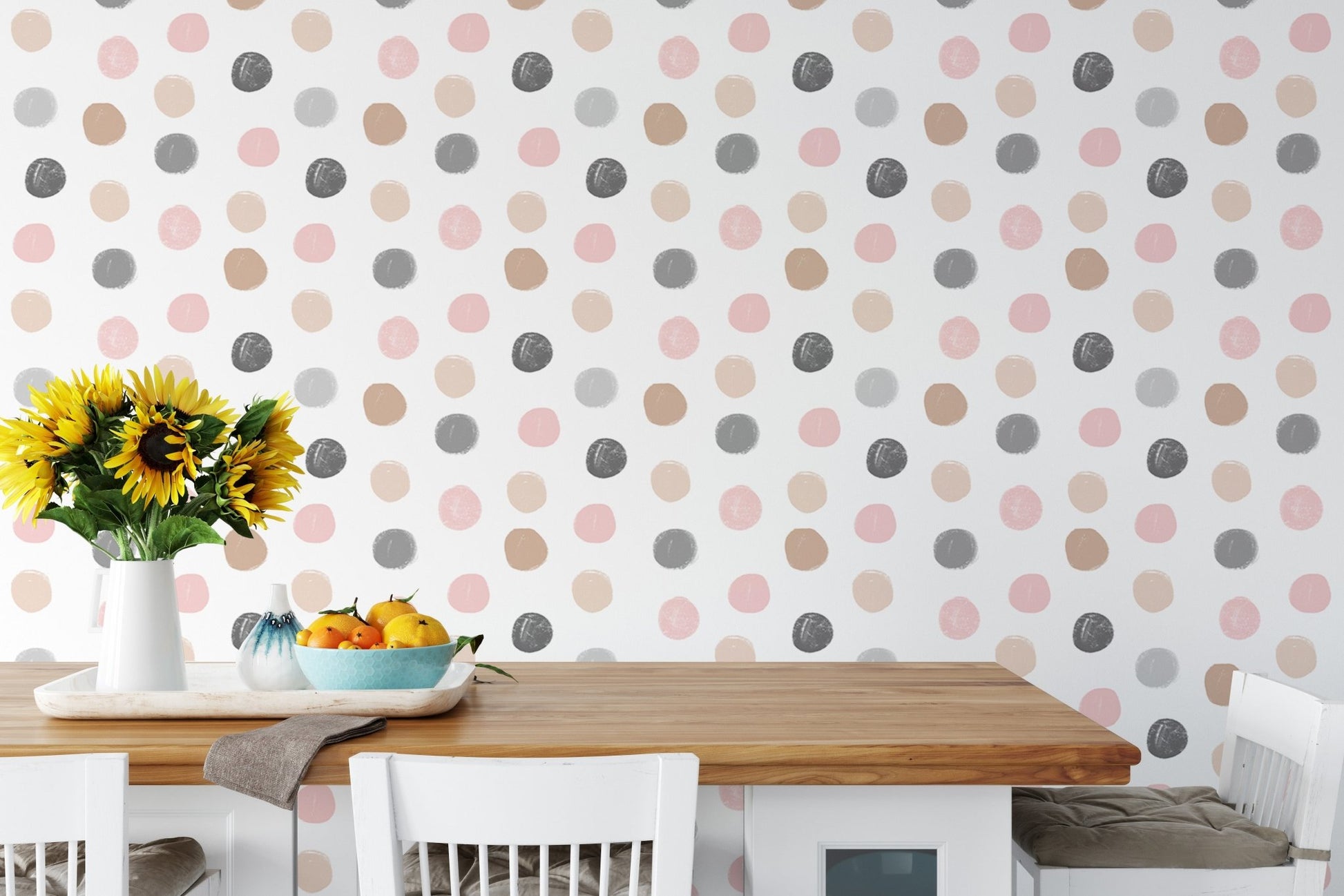 Pastel circle pattern wallpaper in a bright dining area with sunflowers