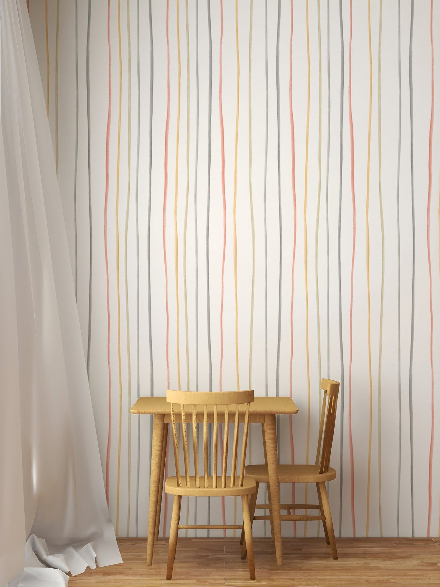 Pastel line pattern wallpaper in a dining area with sheer curtains