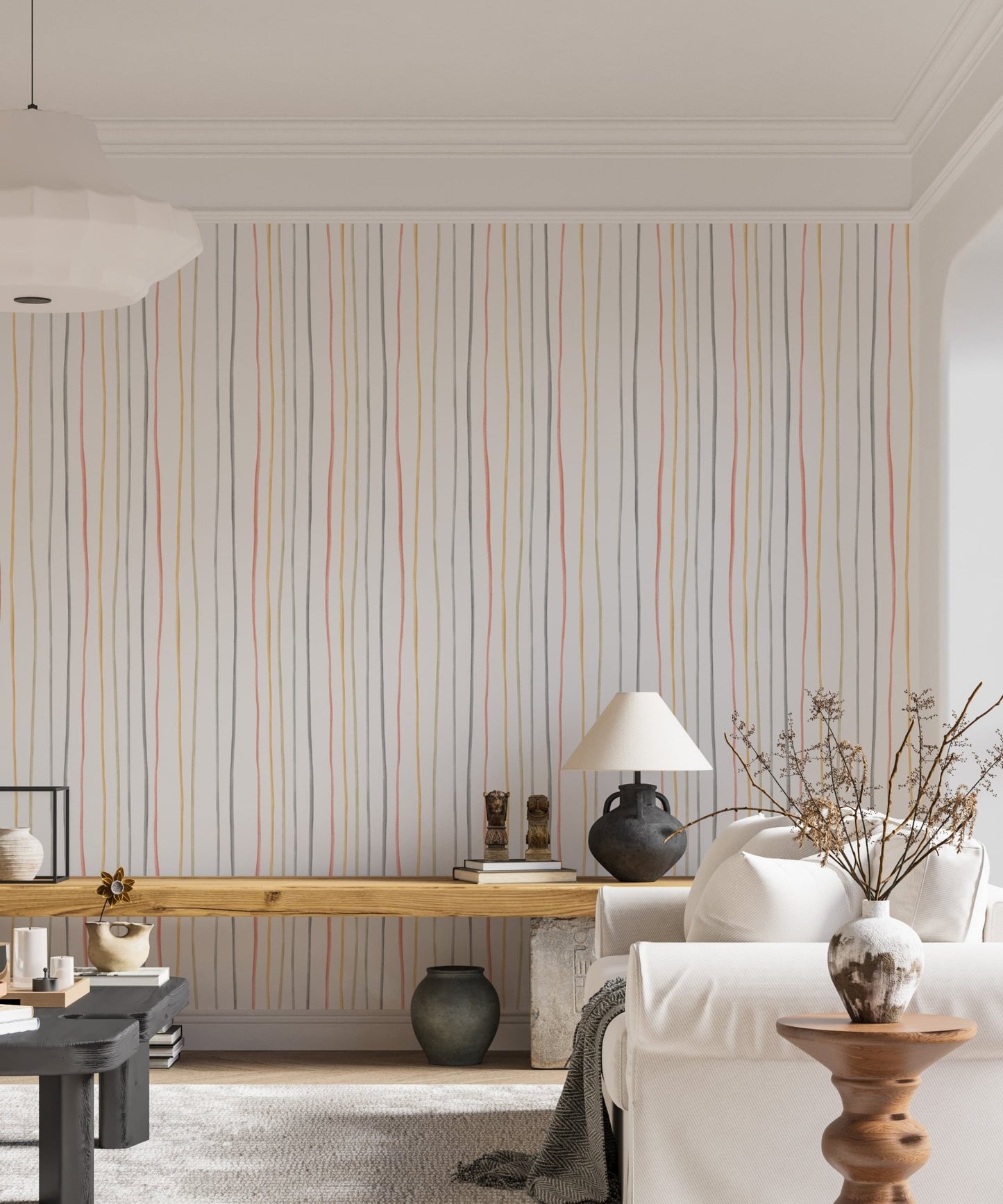 Pastel Colors Hand Drawn Striped Pattern Wallpaper in a living room