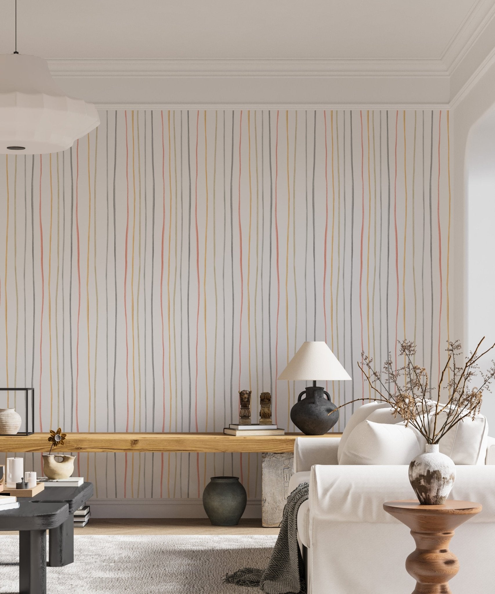 Pastel Colors Hand Drawn Striped Pattern Wallpaper in a living room