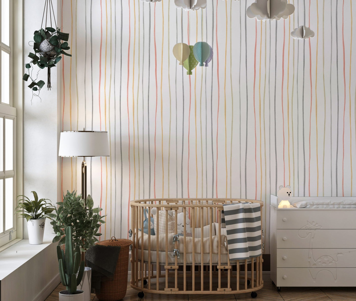 Pastel Colors Hand Drawn Striped Pattern Wallpaper in a nursery