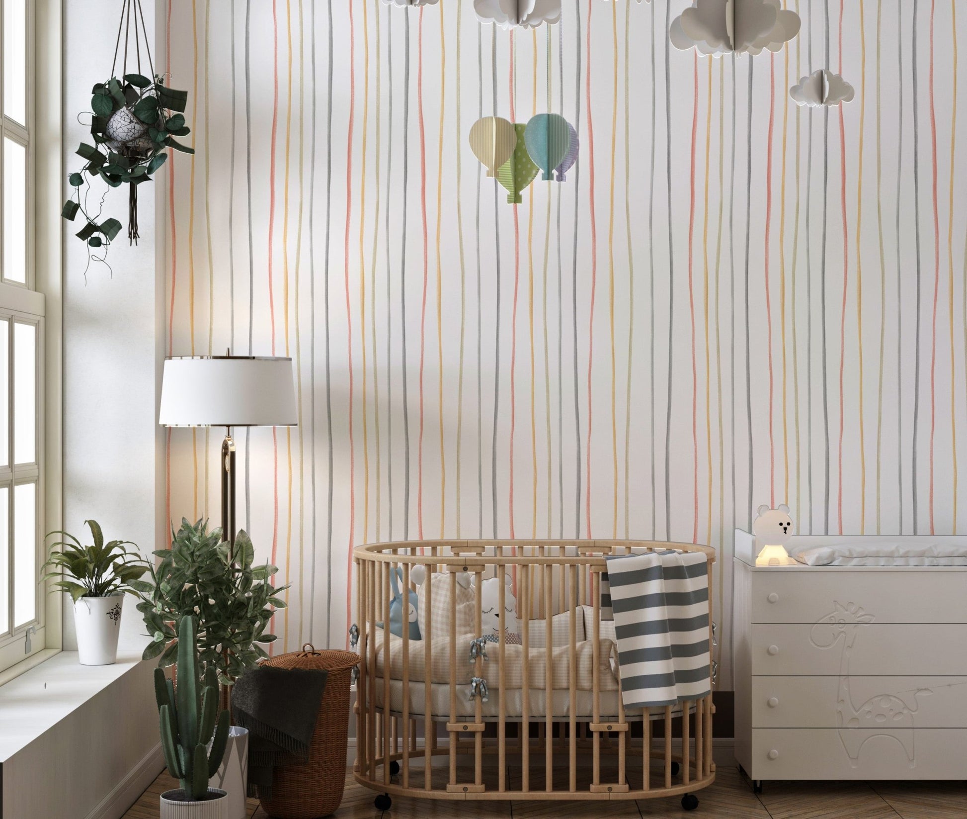 Pastel Colors Hand Drawn Striped Pattern Wallpaper in a nursery