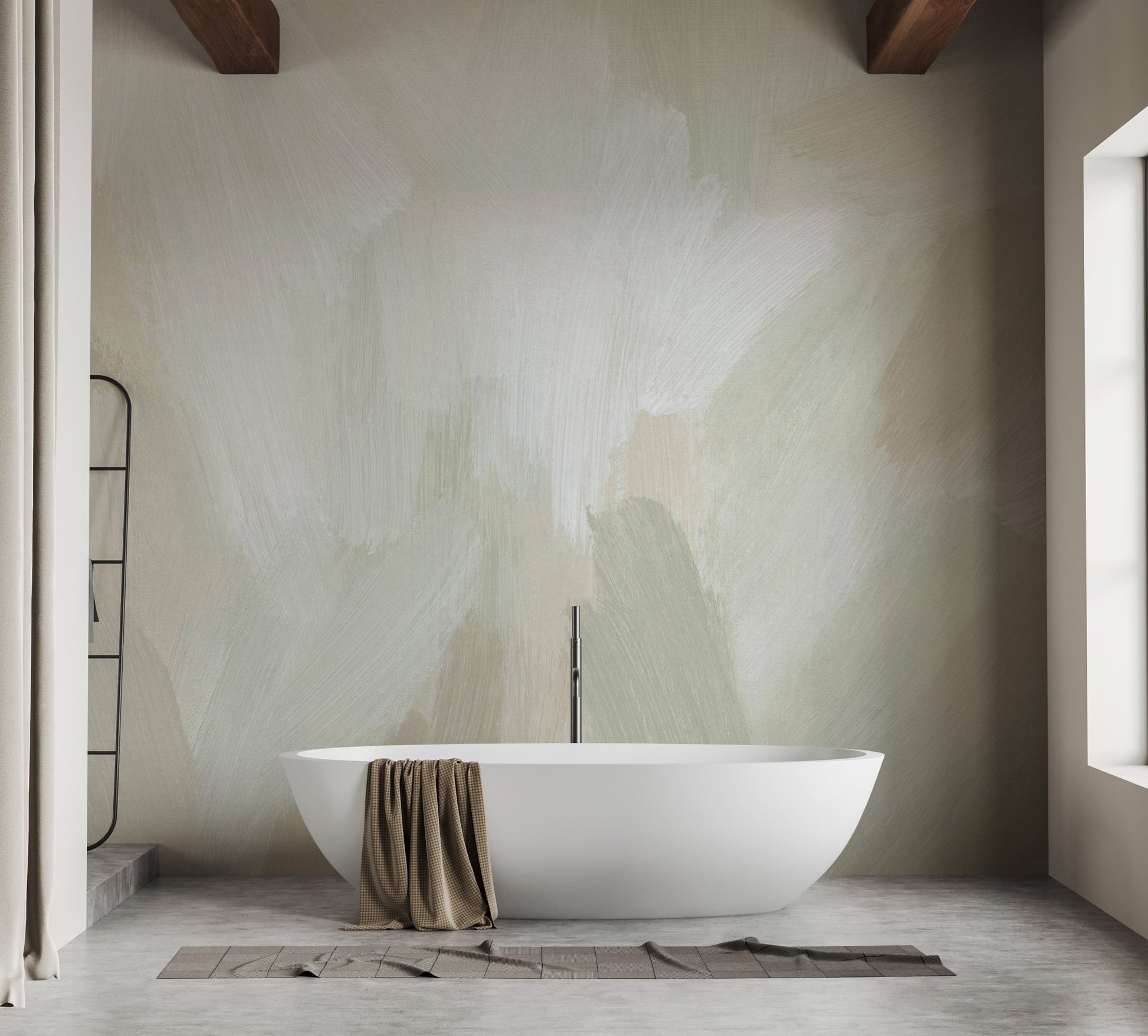 Soft sage and ivory wall mural with artistic brush pattern.