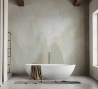 Soft sage and ivory wall mural with artistic brush pattern.