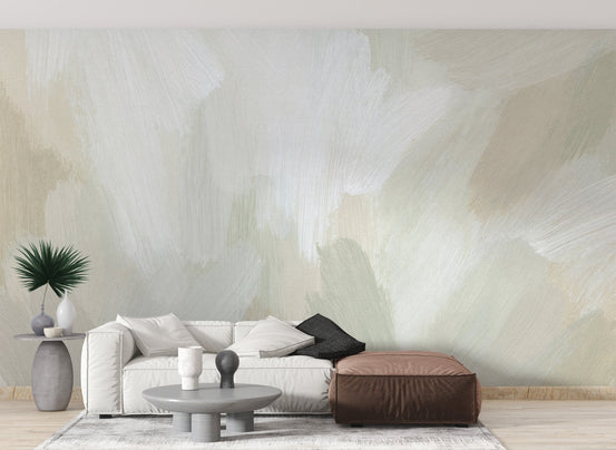 Pastel earth tones wall mural in soft beige and sage brush texture.
