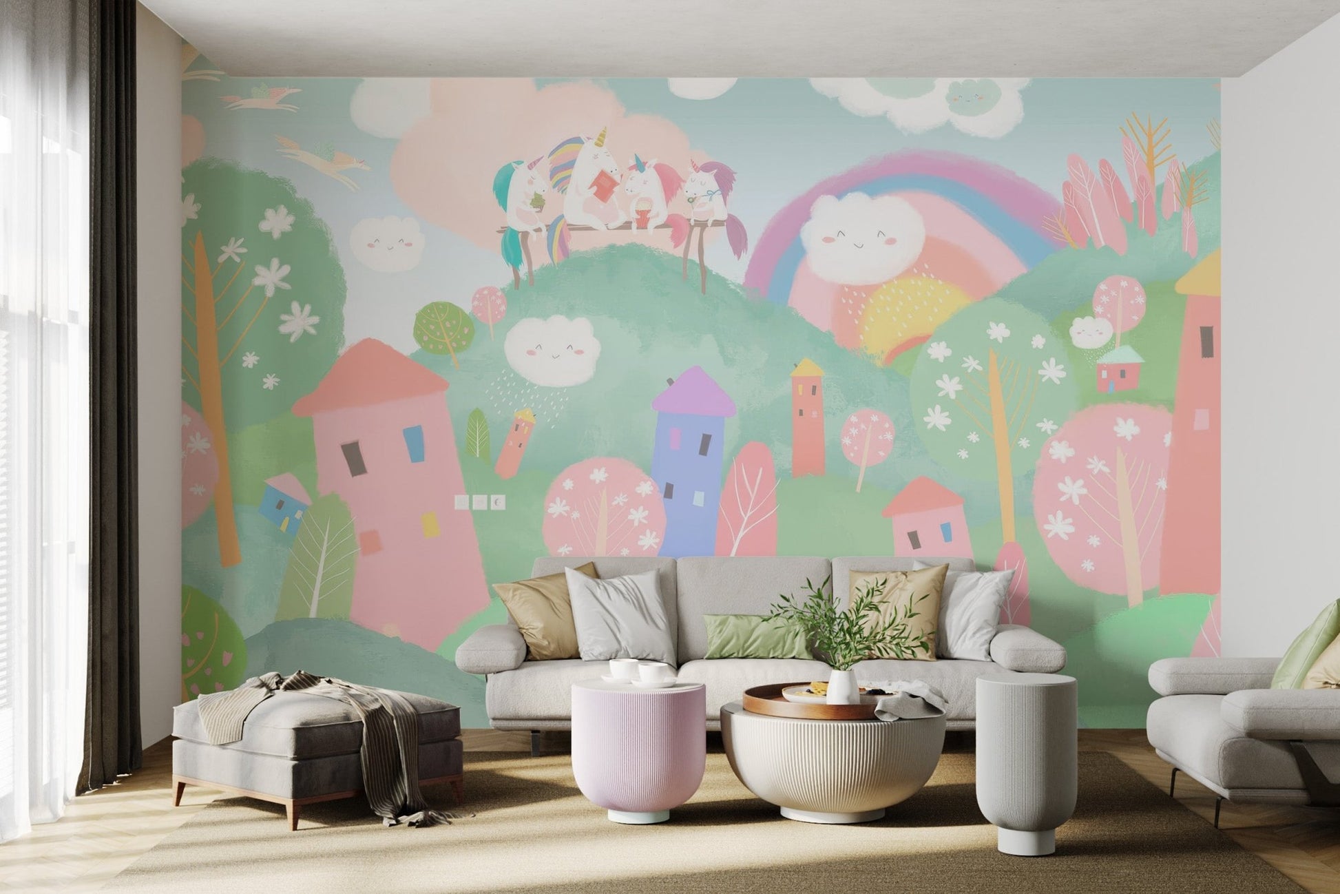 Happy clouds and colorful wall mural with flowers and trees.