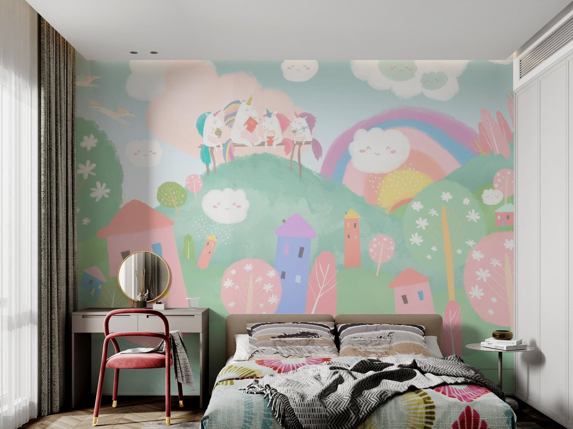 Pastel Fantasy Unicorns Village Wall mural for vibrant kids bedroom decor