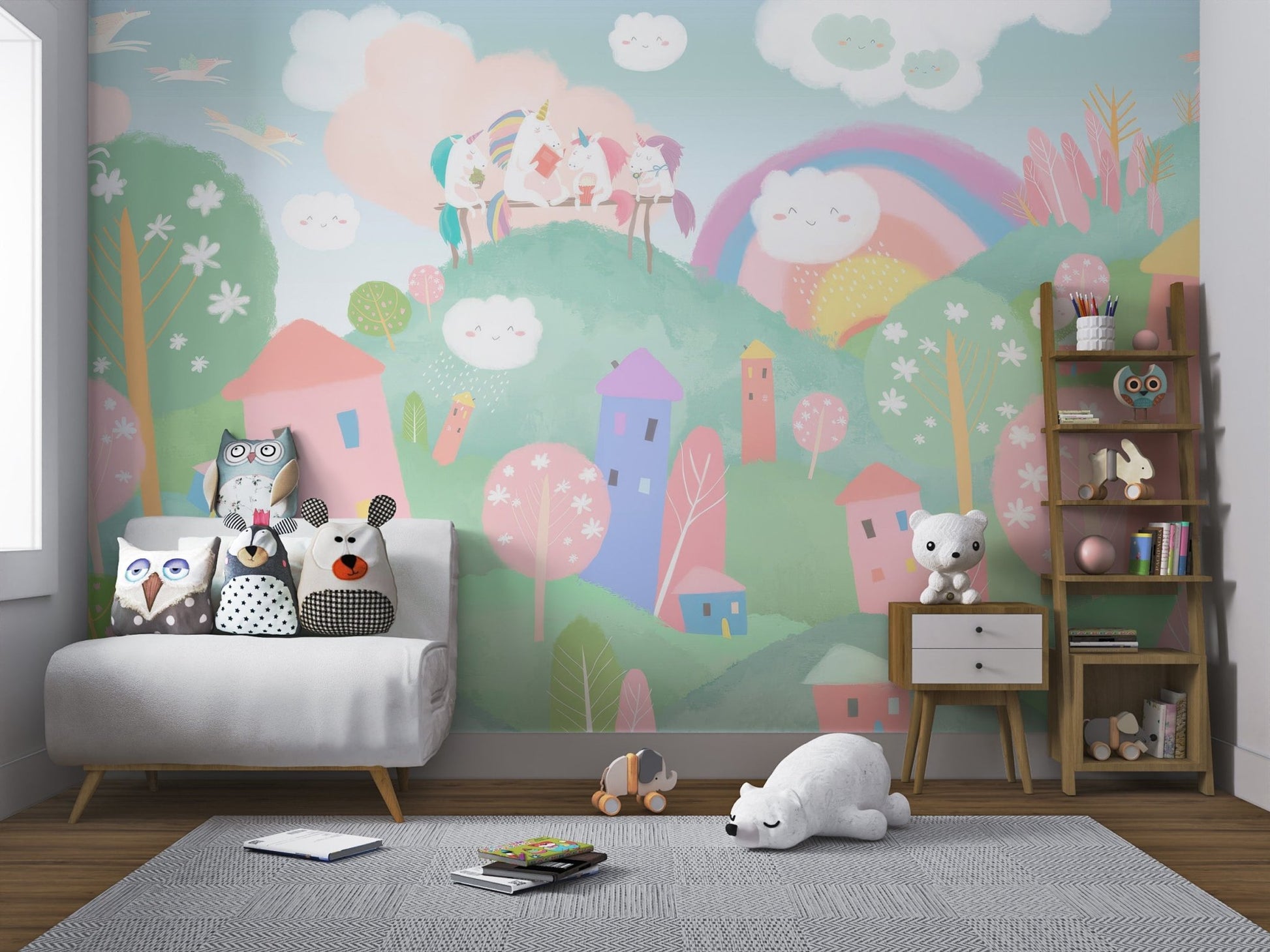 Pink and blue unicorn village mural for playful nursery wall