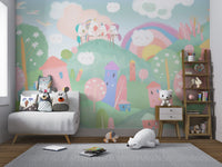 Pink and blue unicorn village mural for playful nursery wall