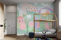 Fantasy wall mural with rainbow hills, unicorns, and smiling clouds.