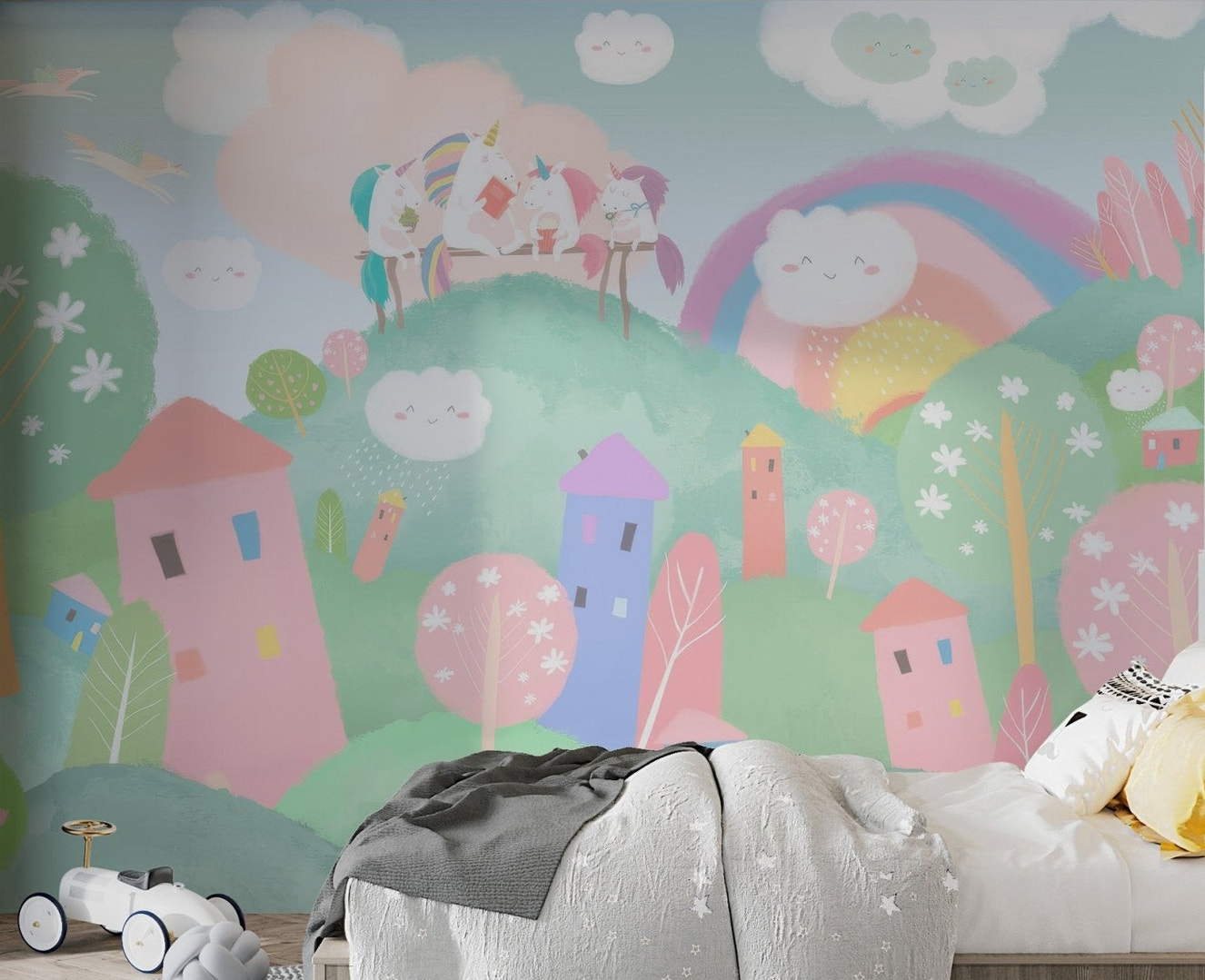 Whimsical pastel village and sky wall mural for creative bedroom.