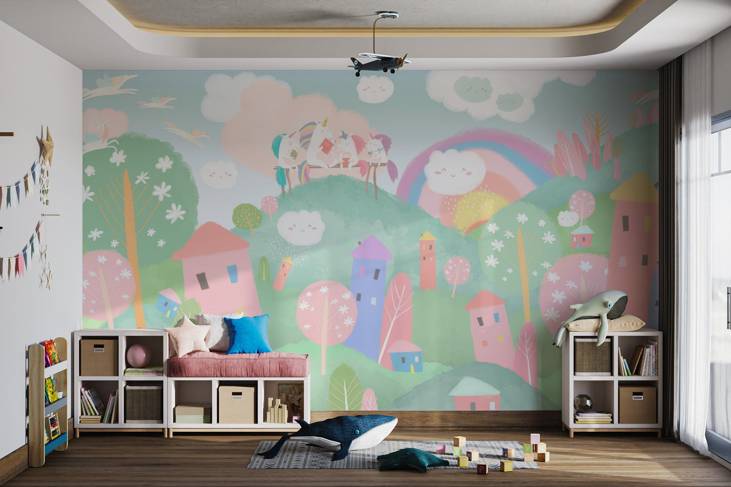 Fantasy town rainbow wall mural for colorful children play area decor