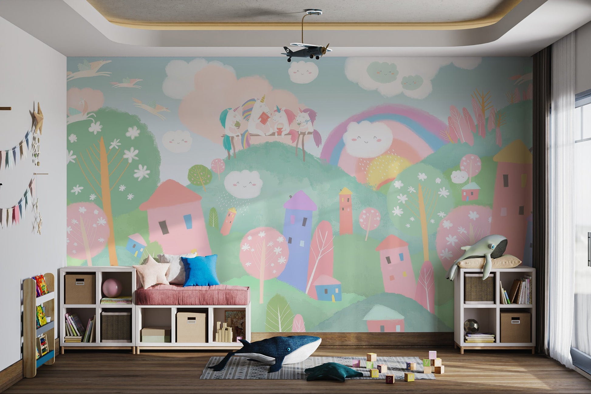 Fantasy town rainbow wall mural for colorful children play area decor
