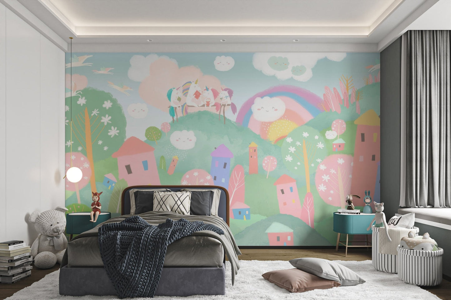 Pastel houses and smiling clouds wall mural for whimsical bedroom.