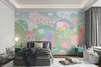Pastel houses and smiling clouds wall mural for whimsical bedroom.